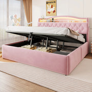 Letto imbottito 180x200 cm rosa in tessuto; contenitore idraulico e LED