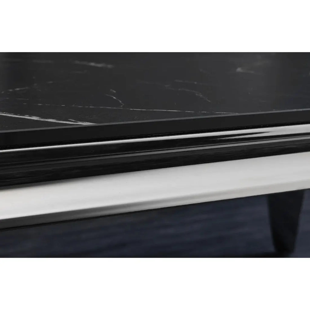 Tavolino basso VELENA 100 cm effetto marmo nero in pietra sinterizzata – Gambe curve argentate