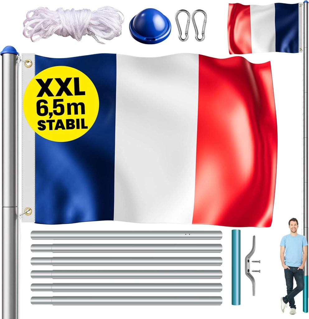 ® Set Montaggio Bandiera con Asta in Alluminio 6,5 m Incl. Fune Moschettone Gancio per Messa a Terra Regolabile in Altezza