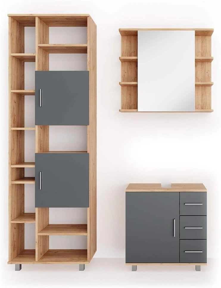 Set mobili bagno Ilias, Rovere, 60 cm, composto da mobile sottolavabo, specchiera e colonna alta