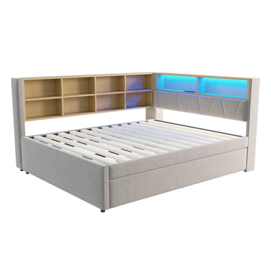 Divano letto con letto estraibile 140x200 cm, LED, USB e vani contenitore, flanella grigio chiaro