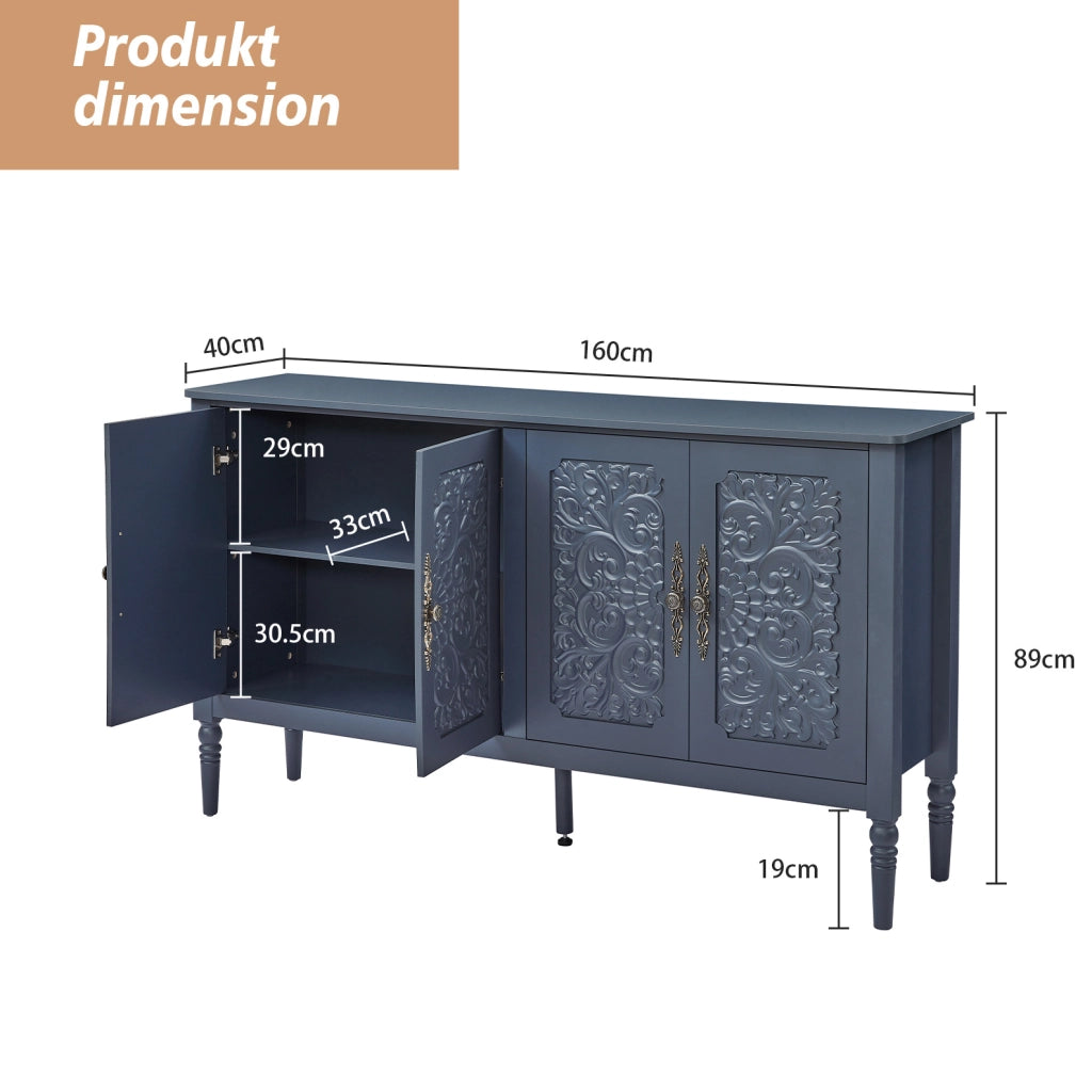 Sideboard 160x40x89 cm con ampio spazio contenitivo in truciolare; MDF e metallo; blu navy