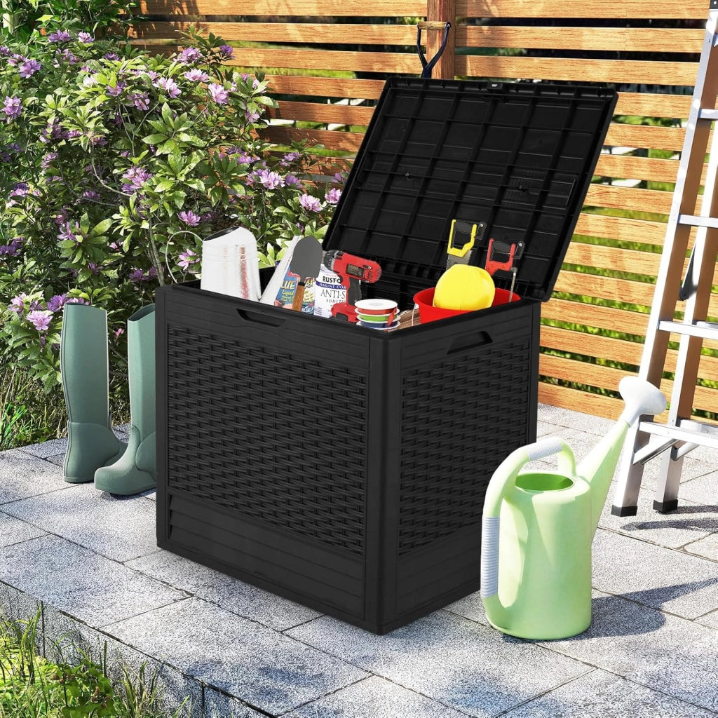 Baule da Esterno 96 L, Cassapanca Contenitore Impermeabile con Effetto Rattan, Coperchio Bloccabile e Maniglie, per Giardino, Patio e Piscina, 58 x 43,5 x 53 cm (Nero)