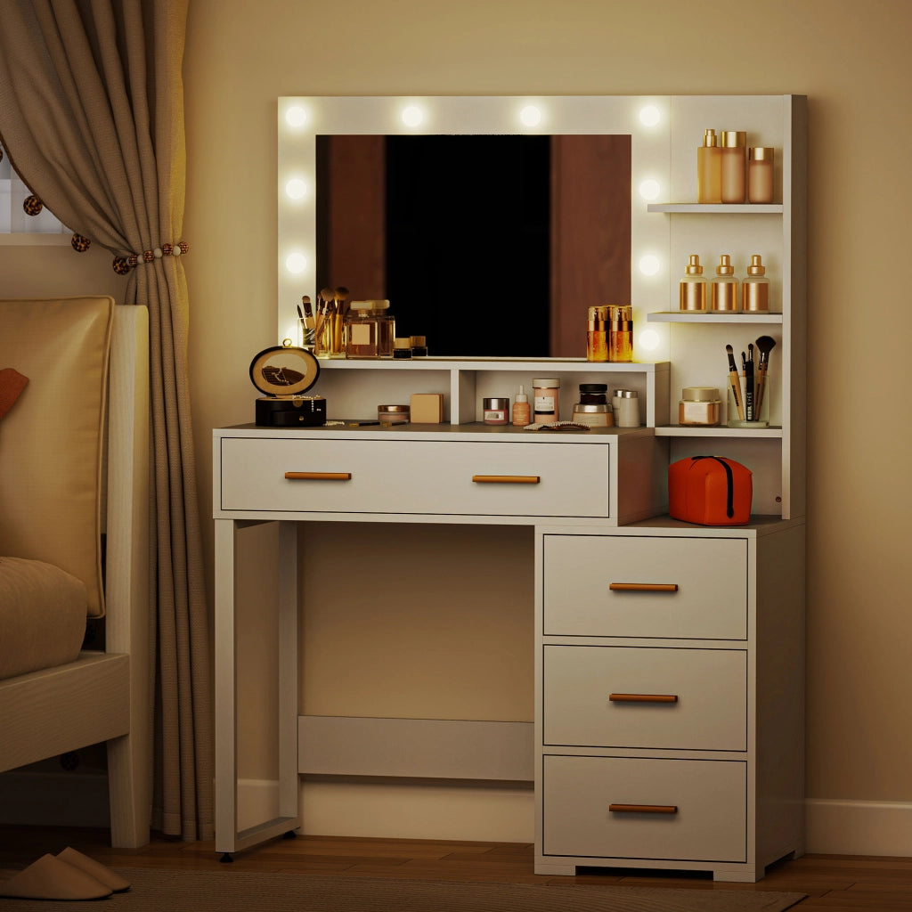 Scrivania da trucco con specchio e luci LED, 4 cassetti ¨C zephmum ¨C bianco, 100x40x138 cm