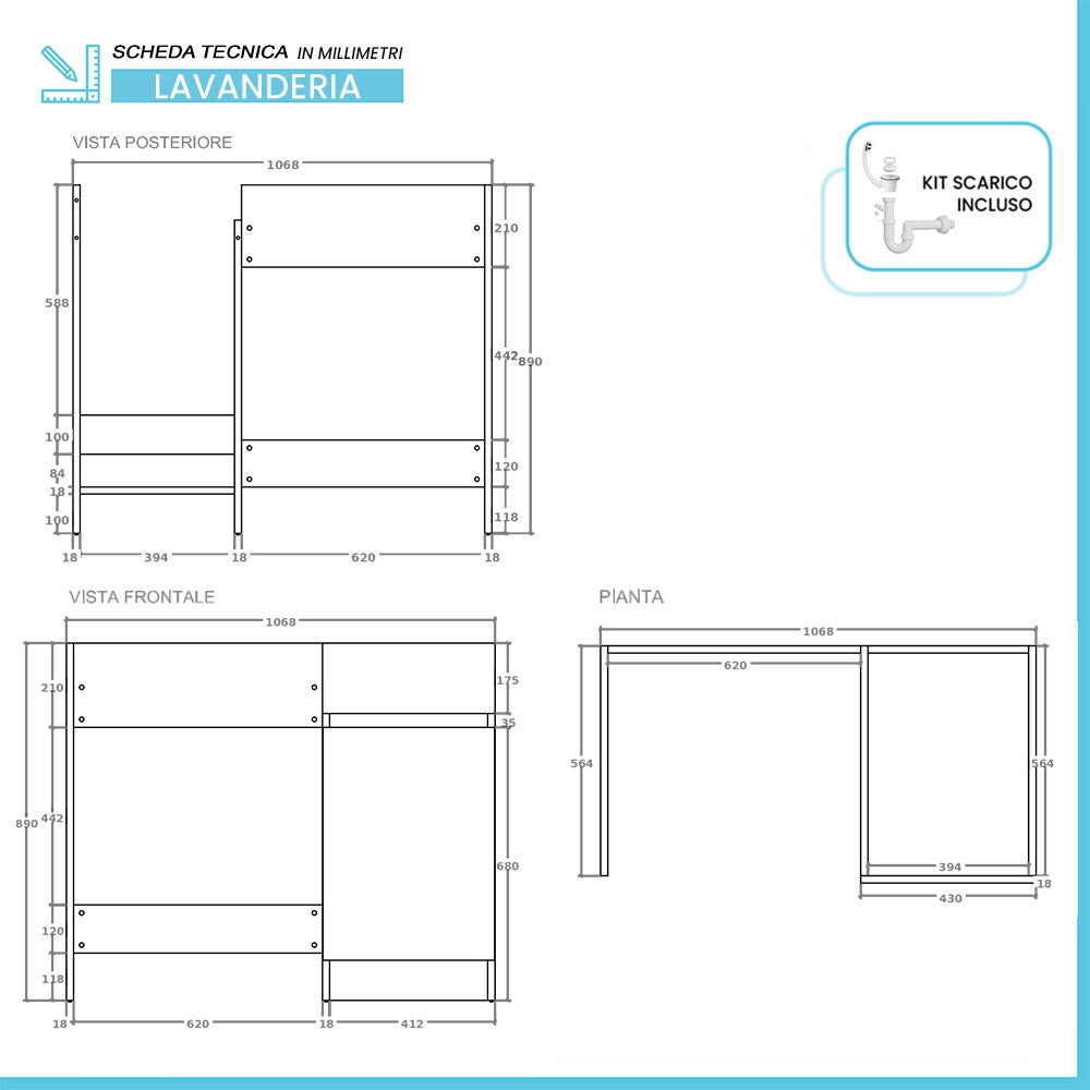 Mobile lavatoio 106x50 bianco con coprilavatrice e vasca e kit di scarico