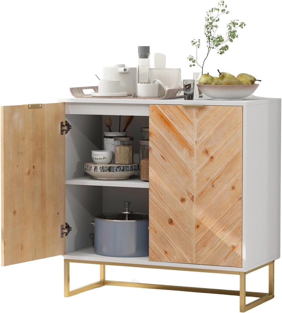Armadio a buffet a 2 ante in legno con gambe in metallo e protezione antiribaltamento, credenza indipendente per sala da pranzo, soggiorno, ingresso (bianco)