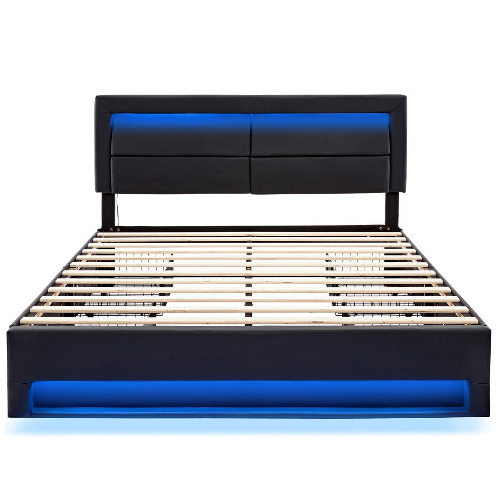 Letto imbottito 140 x 200 cm con USB, illuminazione LED e 4 cassetti, PU nero, senza materasso