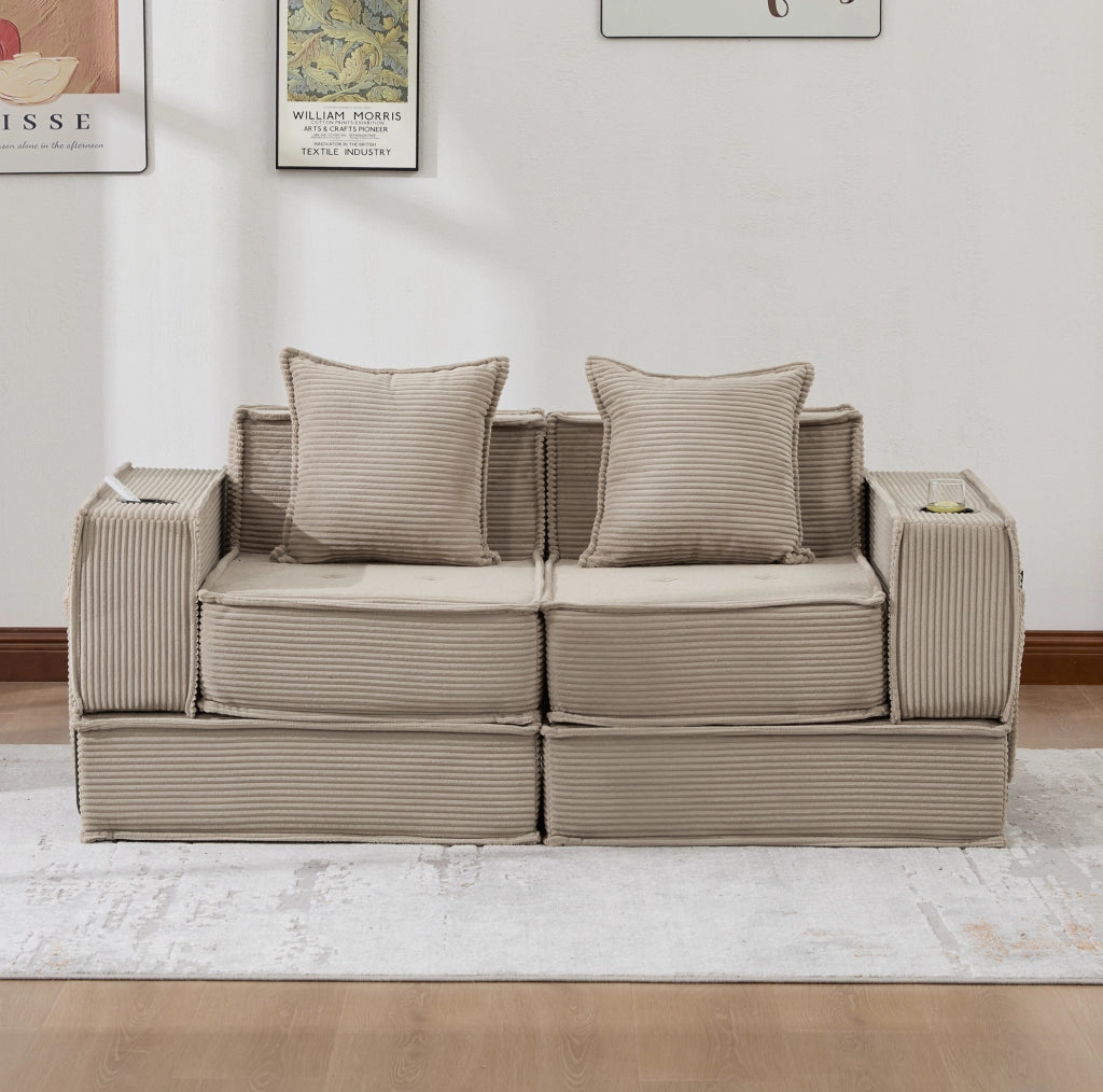 Divano letto 162x78x66 cm in tessuto cord khaki modulare con cuscini