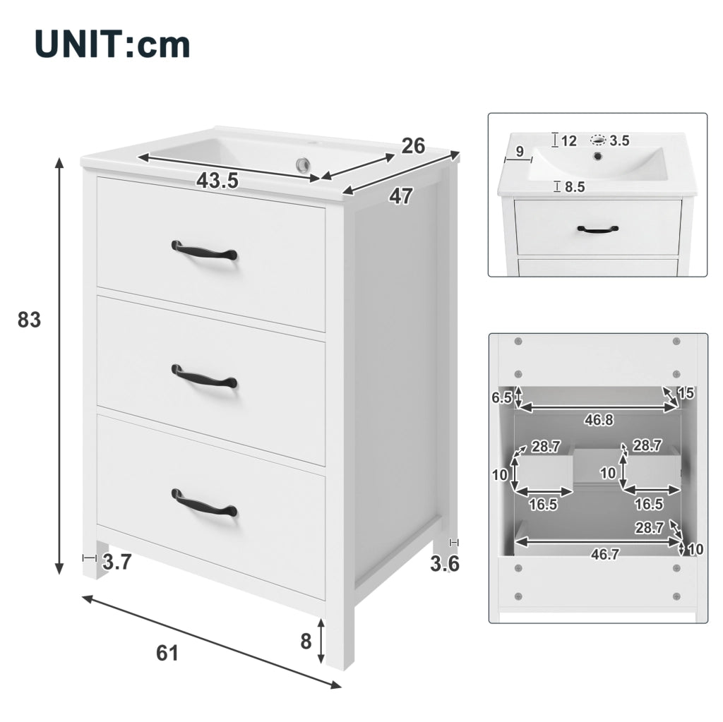 Mobile bagno ULEVR 61x47x83 cm con lavabo in ceramica e 3 cassetti, bianco
