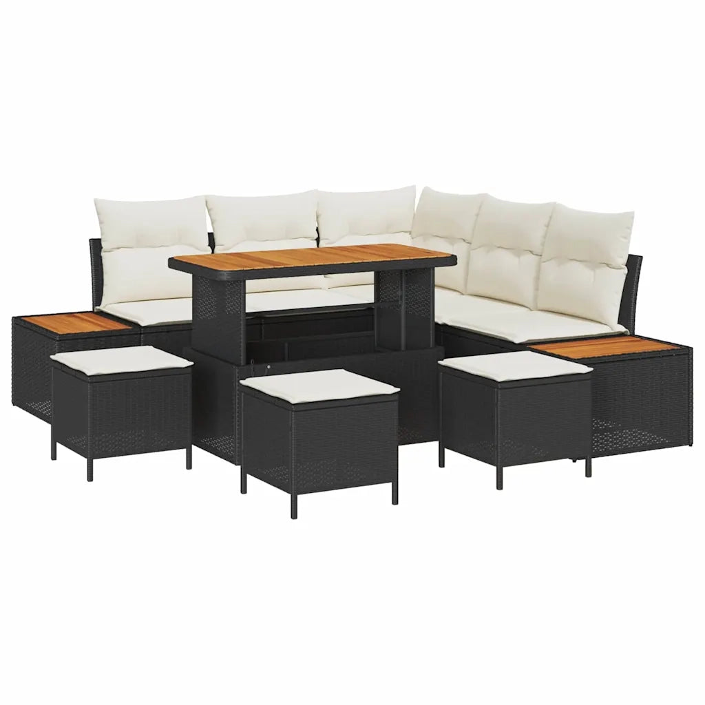 Set Divano da Giardino con cuscino 9 pcs Nero Poly Rattan
