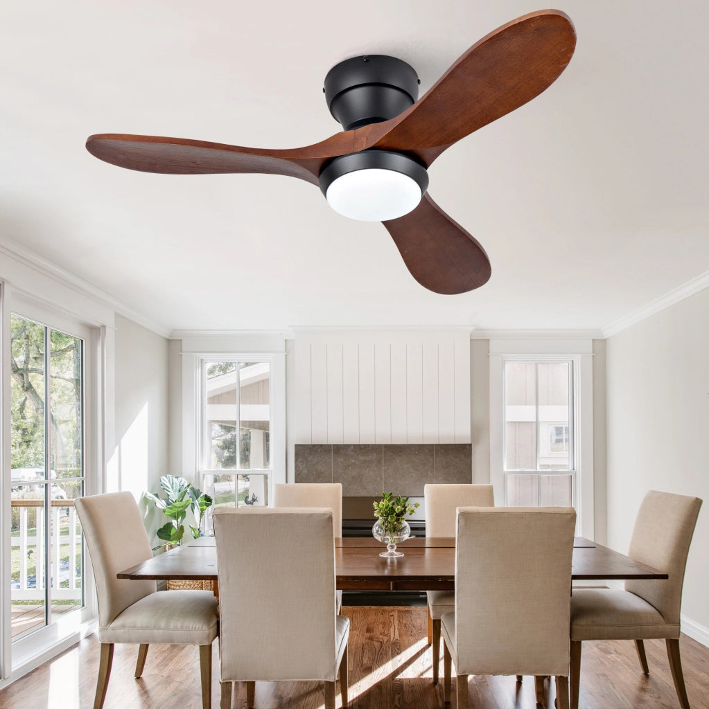 Ventilatore da soffitto 36" con luce LED, 3 pale in legno massello, nero e noce scuro
