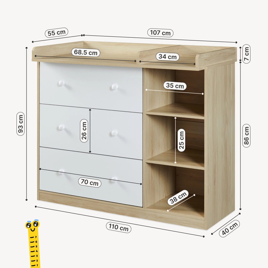 Cassettiera Beldinupp con Piano Fasciatoio Rimovibile 93 x 110 x 55 cm - Effetto Rovere / Bianco [en.casa]