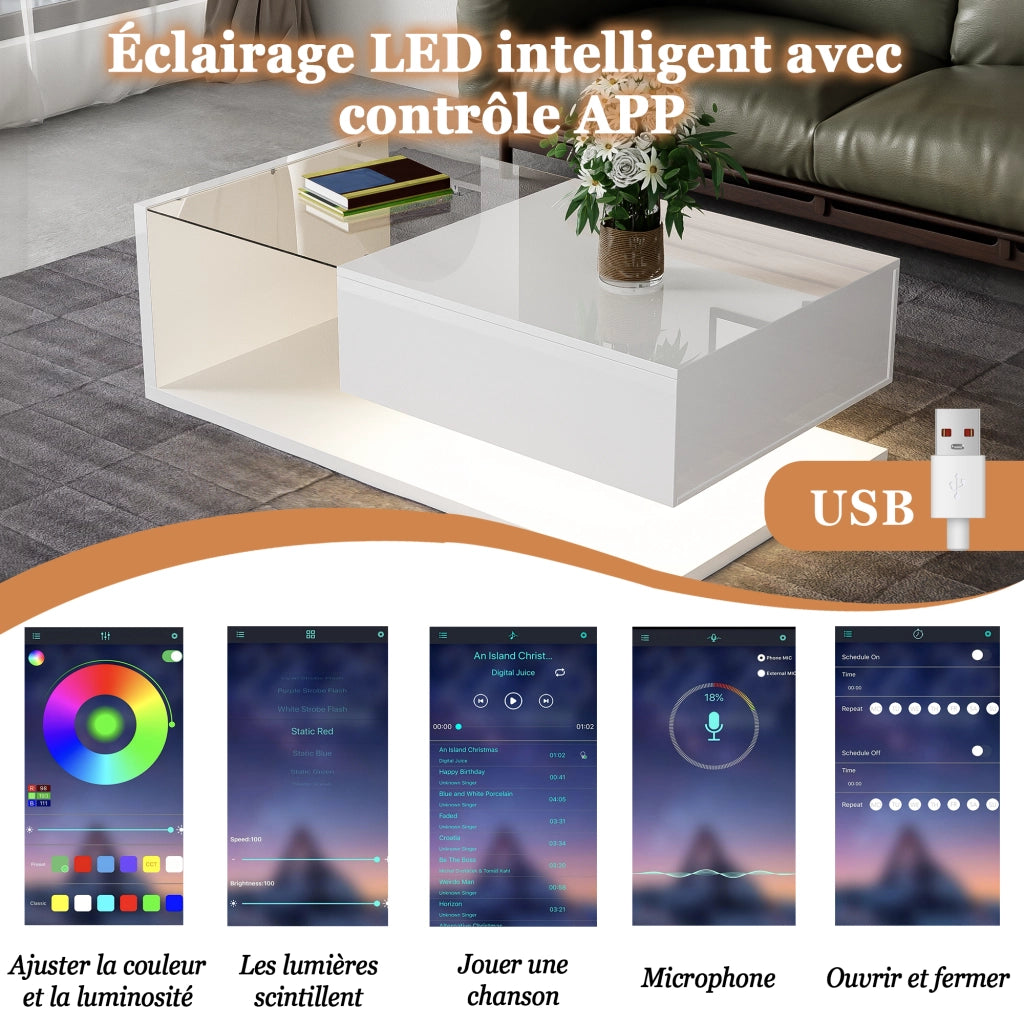 TAVOLINO DA SALOTTO 105x55x32,5 cm Bianco lucido in pannello di legno con LED