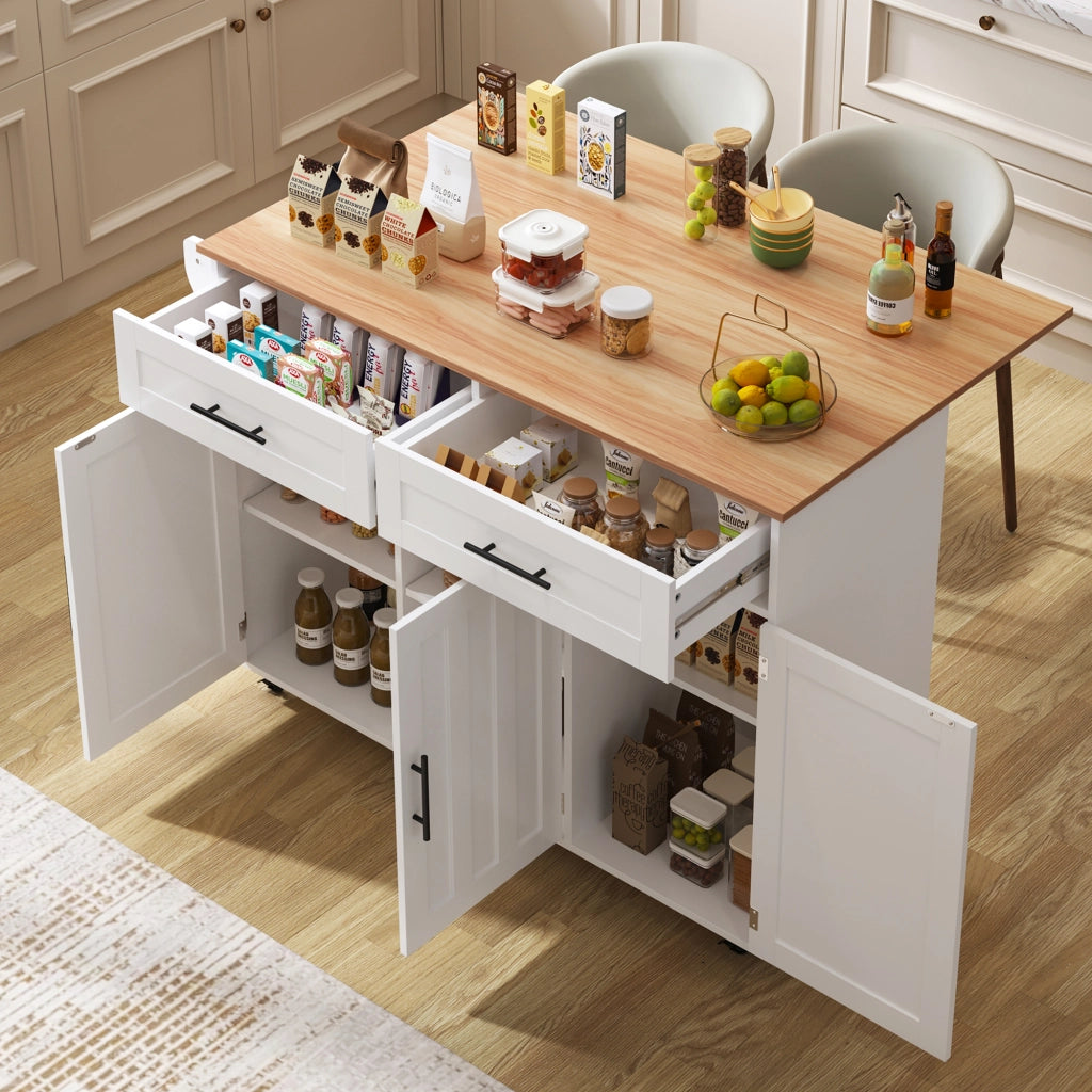 Carrello cucina con piano ribaltabile 129x71x91,5 cm, bianco/naturale, in MDF