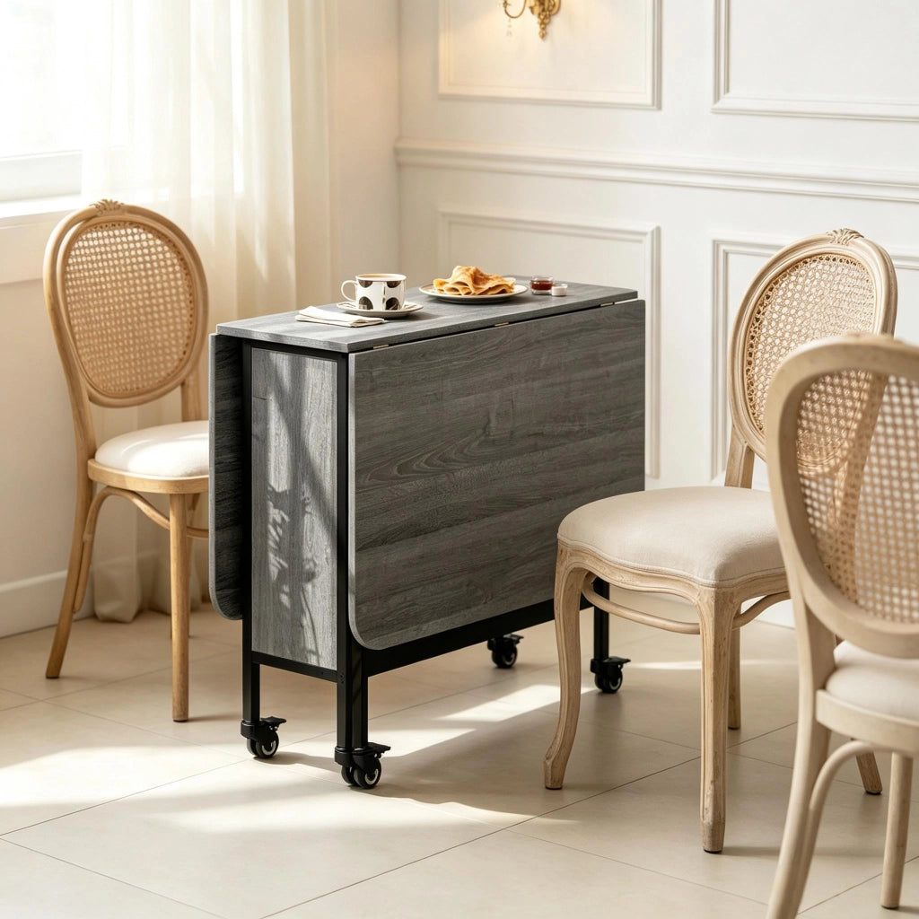 Tavolo allungabile pieghevole con ruote e ripiano per cucina e sala da pranzo in pannello di particelle e metallo grigio