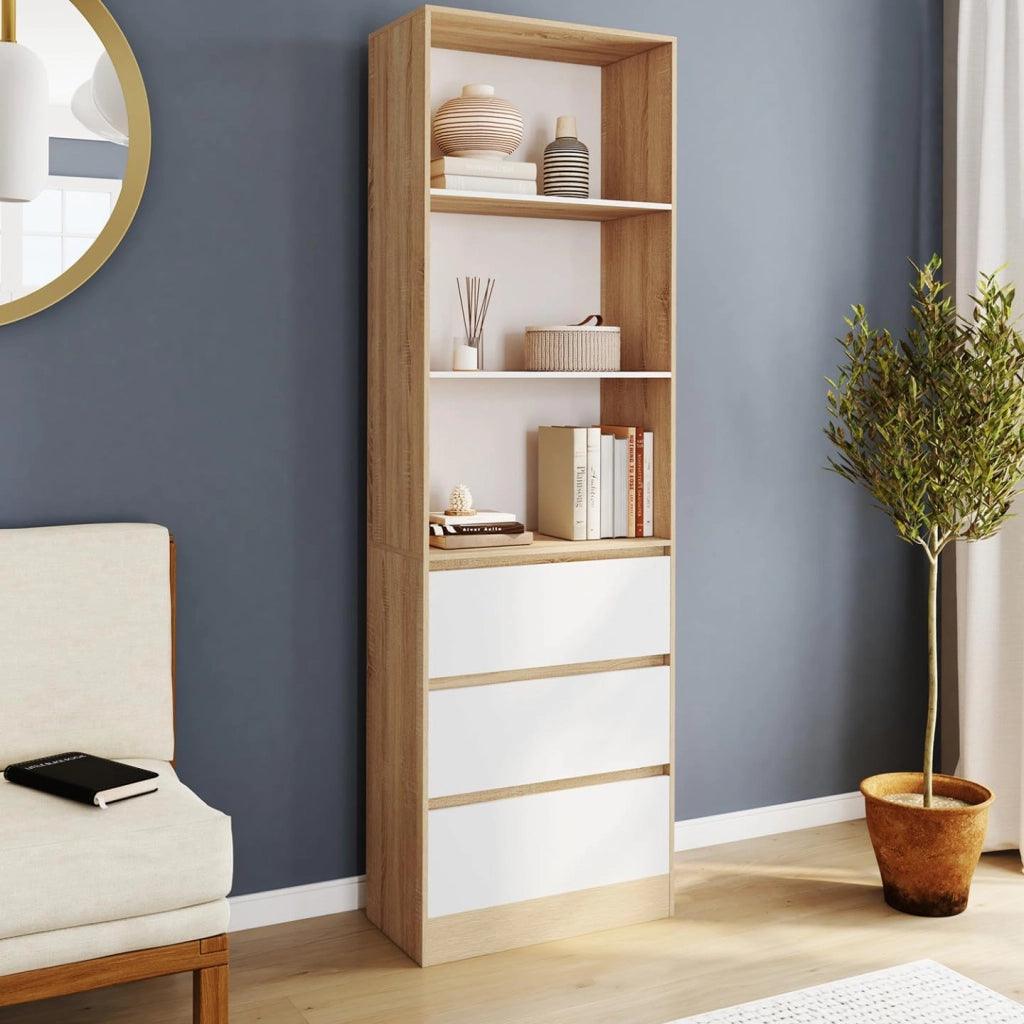 CARLA Libreria a 3 livelli con 3 cassetti bianchi ed effetto legno H.190 cm