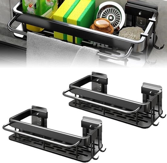 Organizzatore di rubinetti nero sottile con supporto per asciugamani - Asciugamani appesi in RVS - Organizzatore di zinco per asciugamani - Organizzatore per muri in cucina e bagno - 2 pezzi
