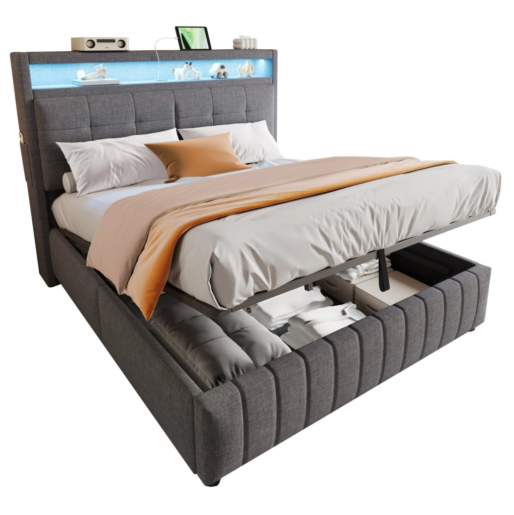 Letto matrimoniale imbottito 160x200 cm con LED e USB grigio