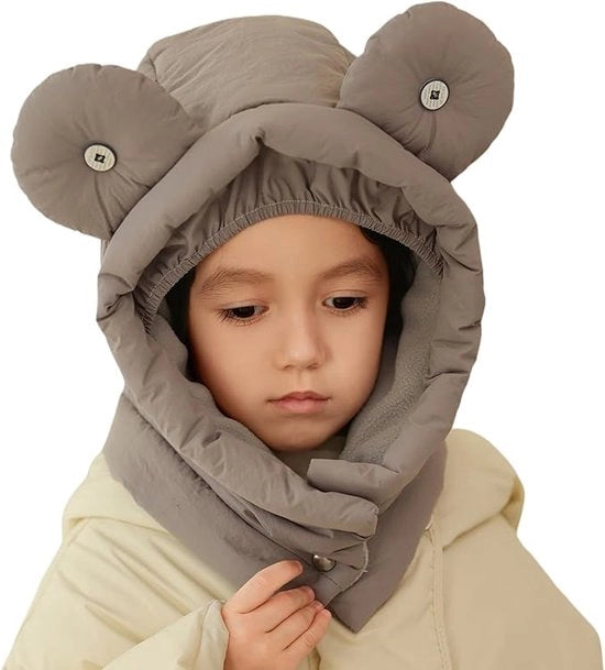 Muffa calda per bambini unisex, visiera di pelliccia a soffietto impermeabile e calda, cappuccio invernale con protezione per il collo, cappello esterno - grigio