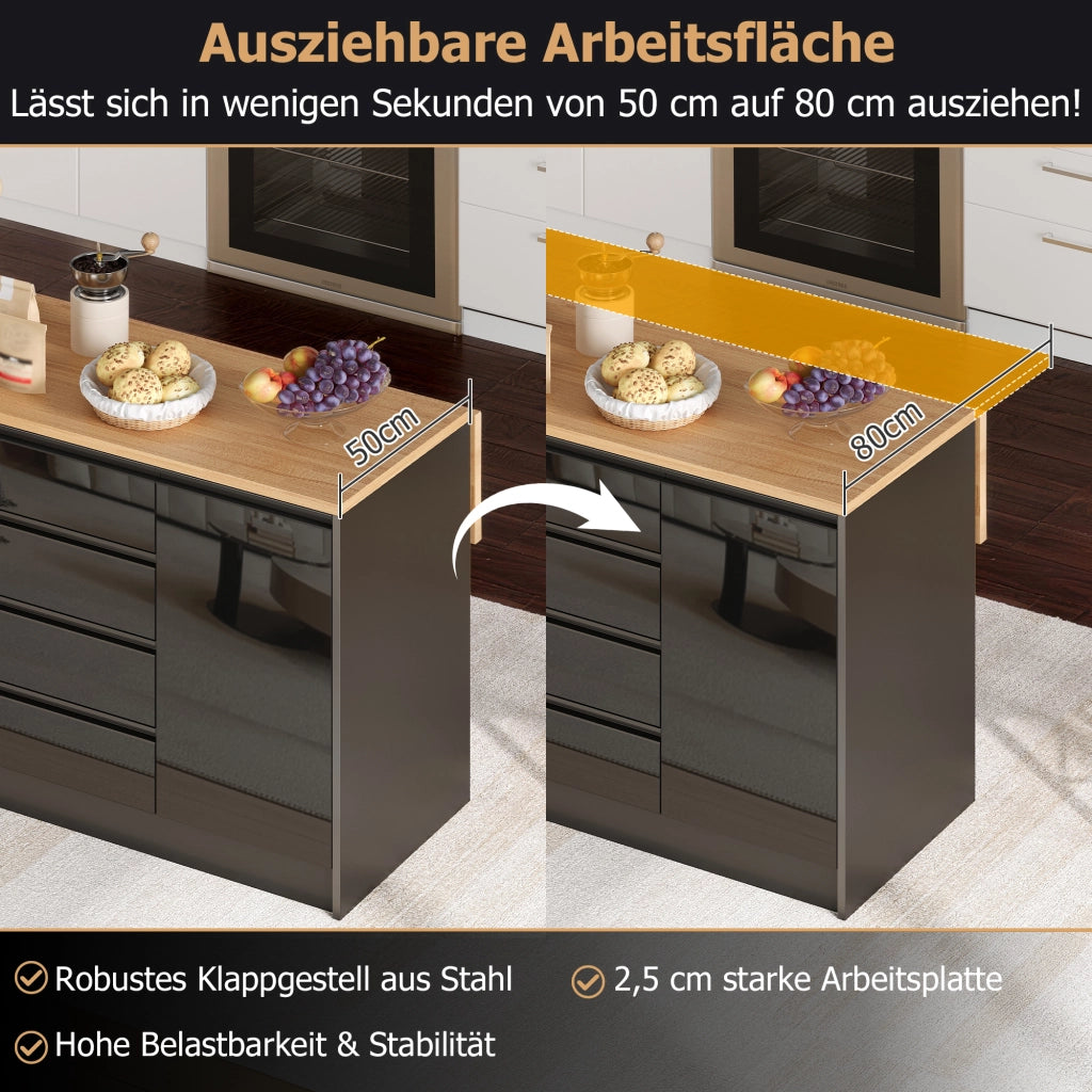 Isola Cucina con Piano Allungabile ¨C MINIMAL ¨C 4 Cassetti, 2 Ante, Nero, Effetto Legno, 140 cm