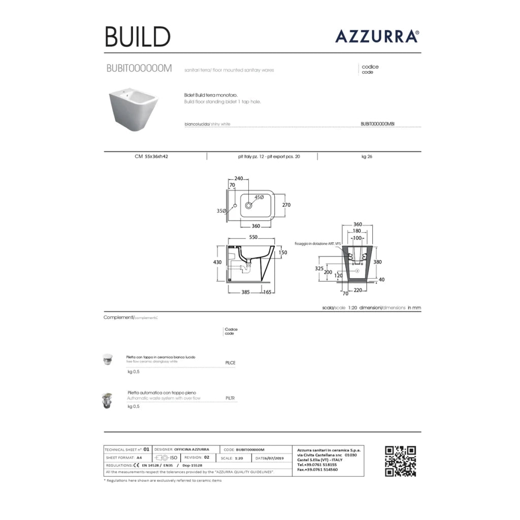 Bidet a Terra Azzurra Ceramica "Build" Bianco Lucido