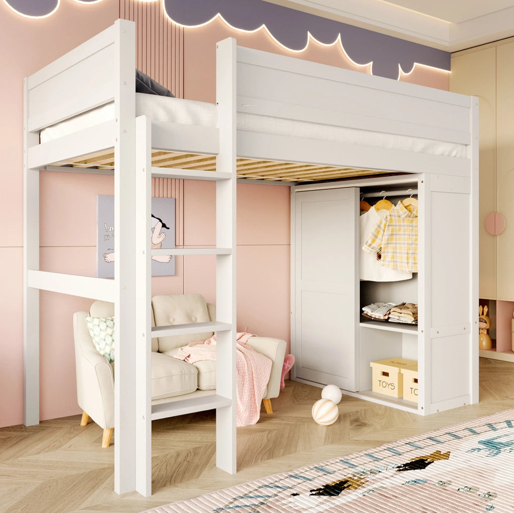 Letto a soppalco 90x200 cm bianco con armadio e vano contenitore