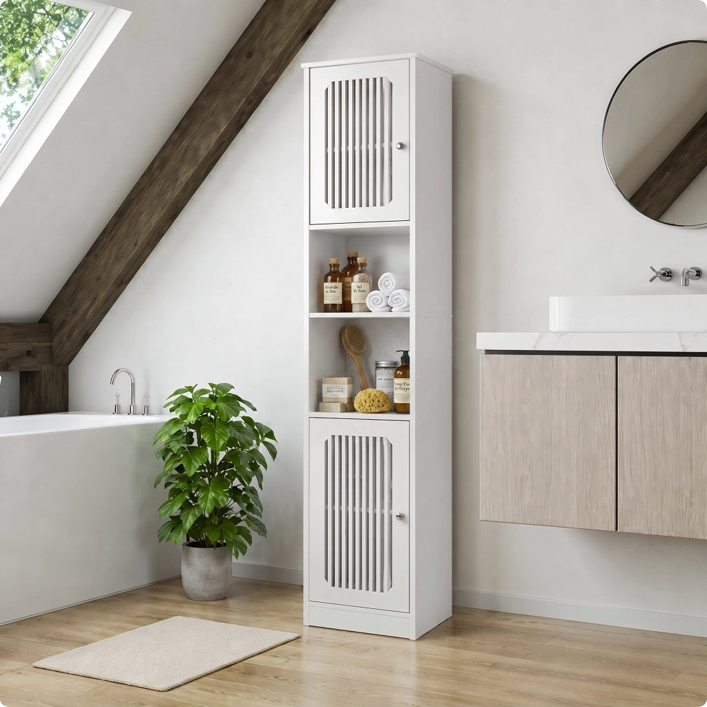 Armadietto da bagno con ripiani regolabili e 2 vani aperti, ante a lamelle, bianco, 92.5 × 37.3 × 15.7 cm