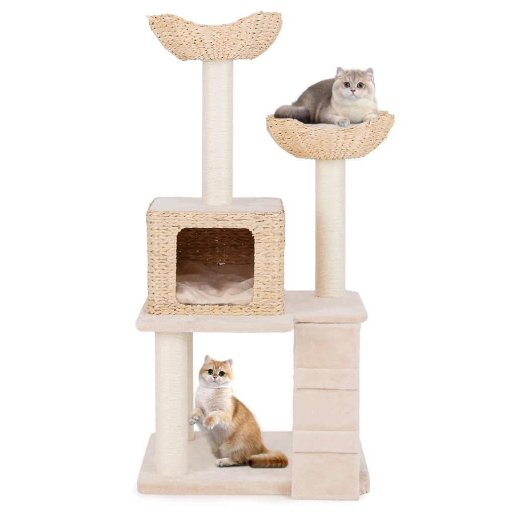 Albero per gatti con posti per graffiare in sisal trespolo condo letto scala cuscini lavabili, Torre cattail da 122cm Beige-Alberi Tiragraffi