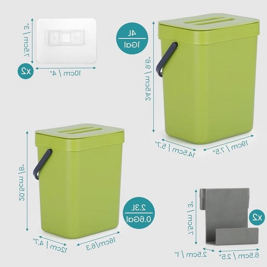 Due contenitori di plastica per la spazzatura della cucina - 4 L e 23 L appesi - Sotto il lavandino per compostaggio rifiuti alimentari e organici - Verde