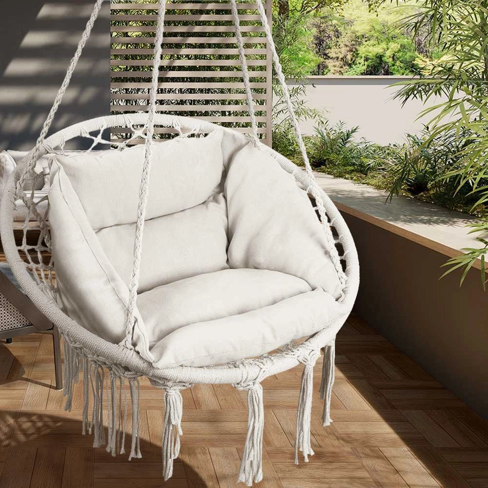 Poltrona Sospesa Giardino Tessuto Sedia Dondolo Pensile Amaca con Cuscino Beige
