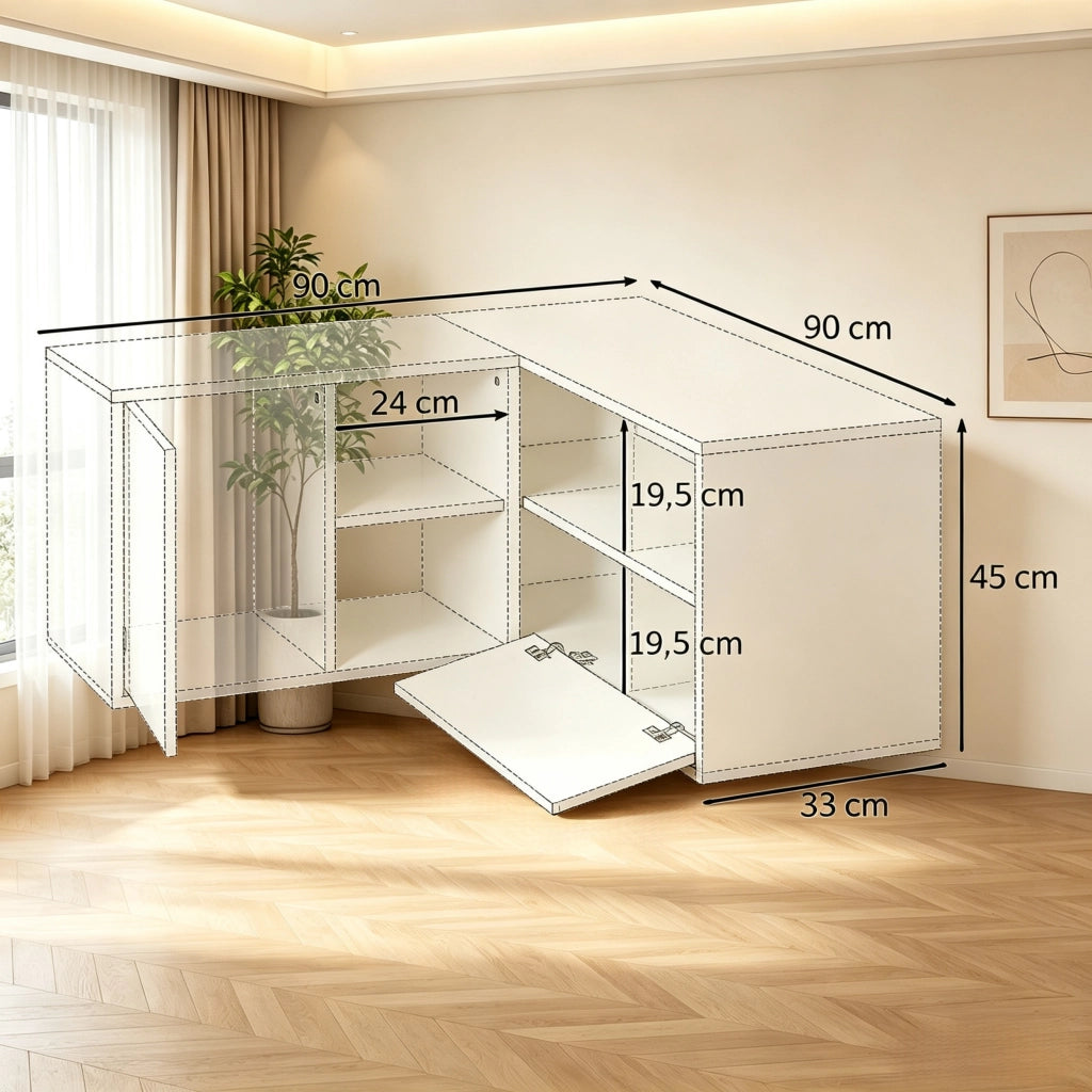Mobile TV angolare moderno con 3 ripiani aperti e 2 vani con ante, finitura bianco e legno