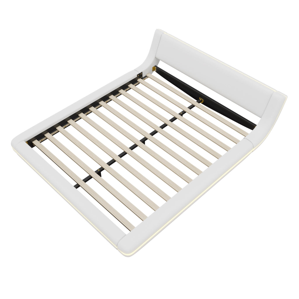 Letto a pavimento 160x200 cm con luci LED; PU e MDF bianco