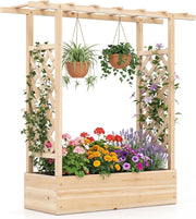 Fioriera Rialzata con Grigliato, Letto da Giardino Rialzato in Legno con Traliccio, Tetto e Fori di Drenaggio, Aiuola Elevata per Piante Rampicanti, Viti e Fiori (Naturale,110 x 35 x 114 cm)