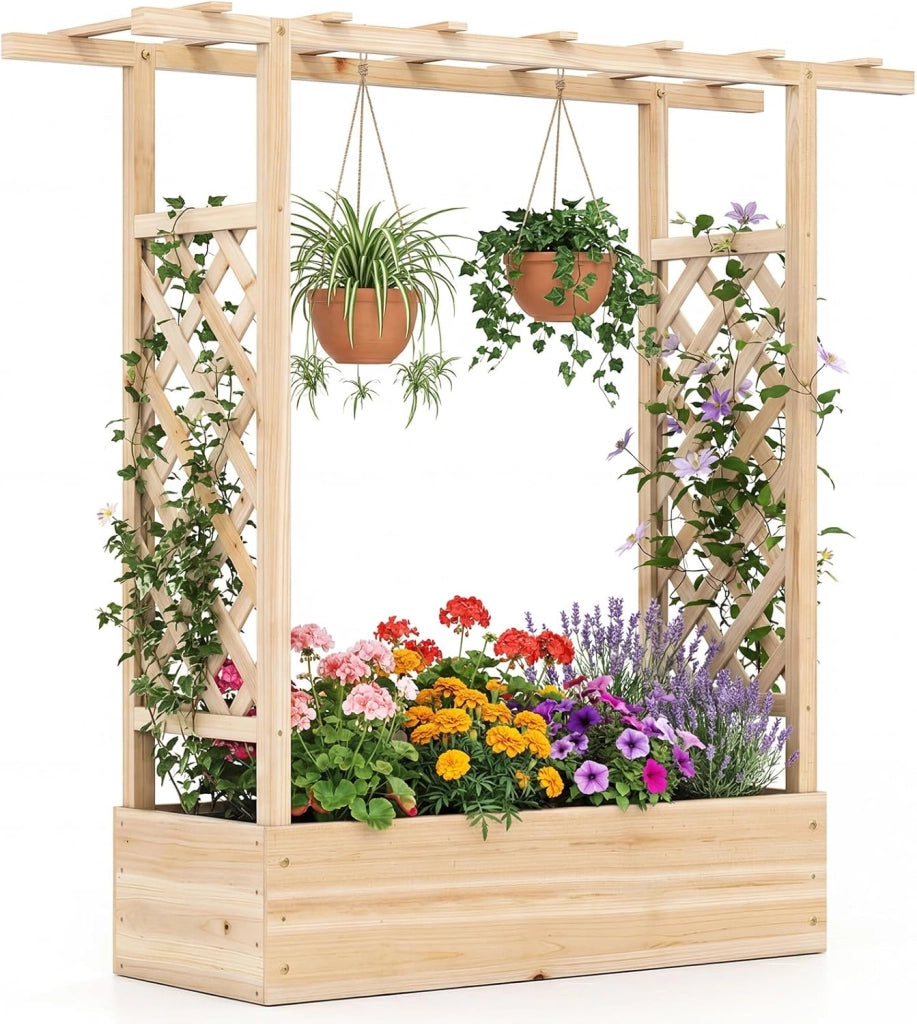 Fioriera Rialzata con Grigliato, Letto da Giardino Rialzato in Legno con Traliccio, Tetto e Fori di Drenaggio, Aiuola Elevata per Piante Rampicanti, Viti e Fiori (Naturale,110 x 35 x 114 cm)