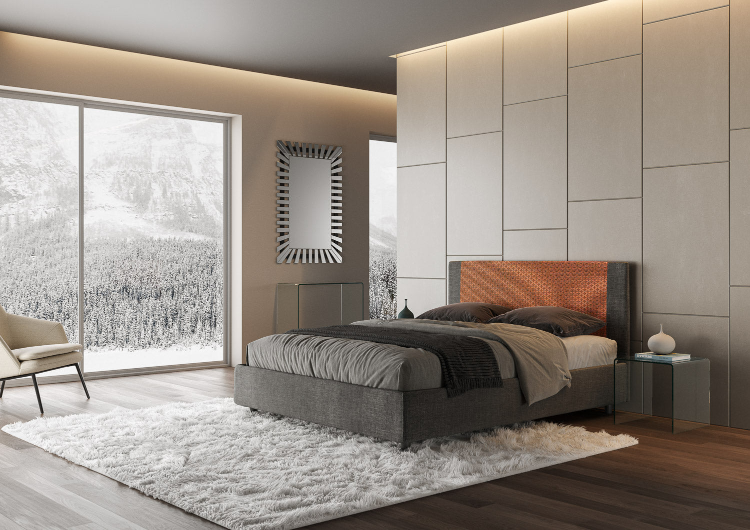 Letto Matrimoniale 160x190 cm con Rete e Contenitore con Testata e Alzata Comoda Imbottito in Tessuto Labirinto Rosal