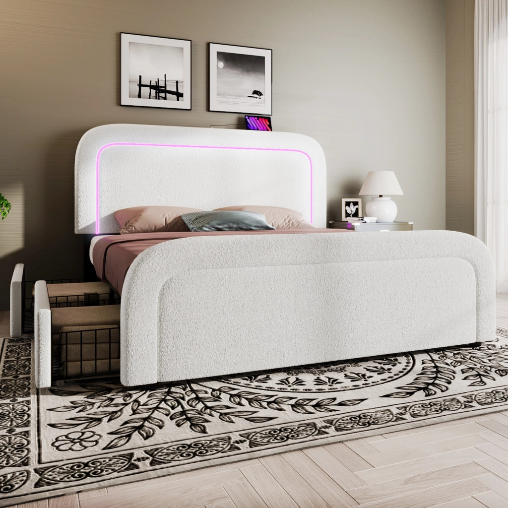 LETTO Imbottito 140x200 cm Sherpa Bianco con materasso incluso, USB Type-C e LED