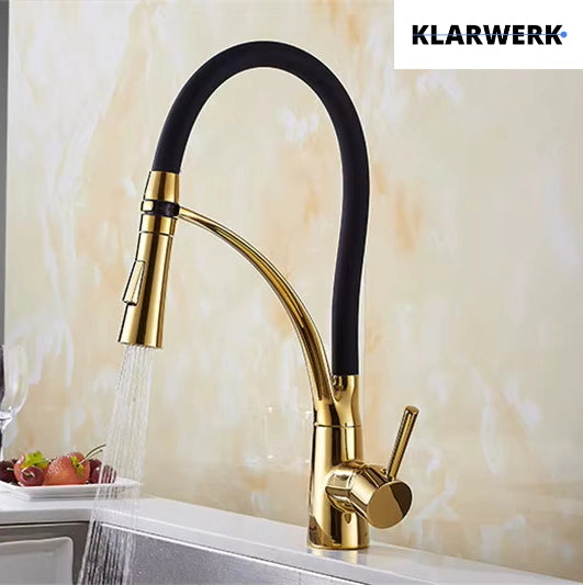 JANA | Rubinetto cucina girevole flessibile in acciaio inox oro lucido|Rubinetto miscelatore arco alto|Rubinetto alta pressione 360° 2 attacchi gastro