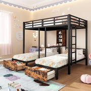 Letto a castello-Xylo-140x200+90x200 cm-3 posti, barriere, contenitori, cassetti, nero