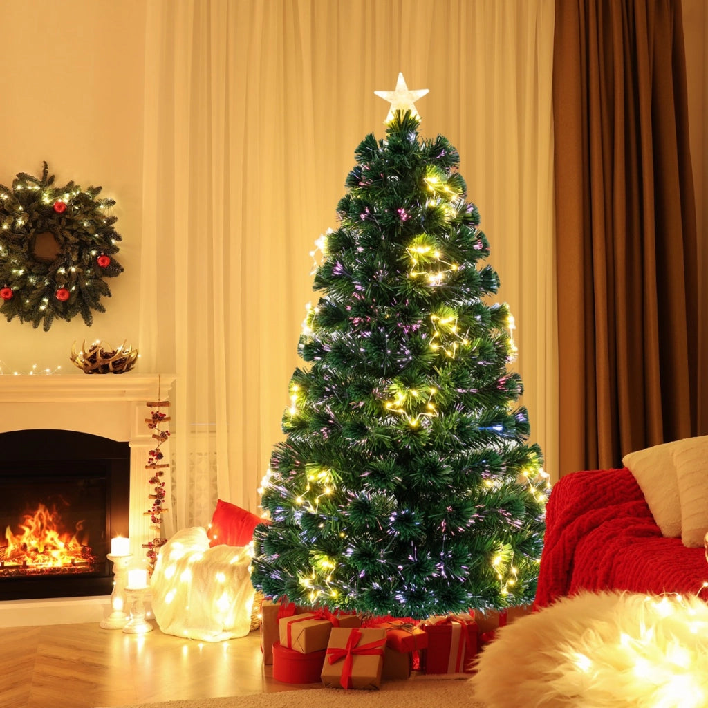 Albero di natale in fibra ottica da 150cm pre-illuminato con luci a stringa stella sulla cima, Albero natale artificiale-Alberi di Natale