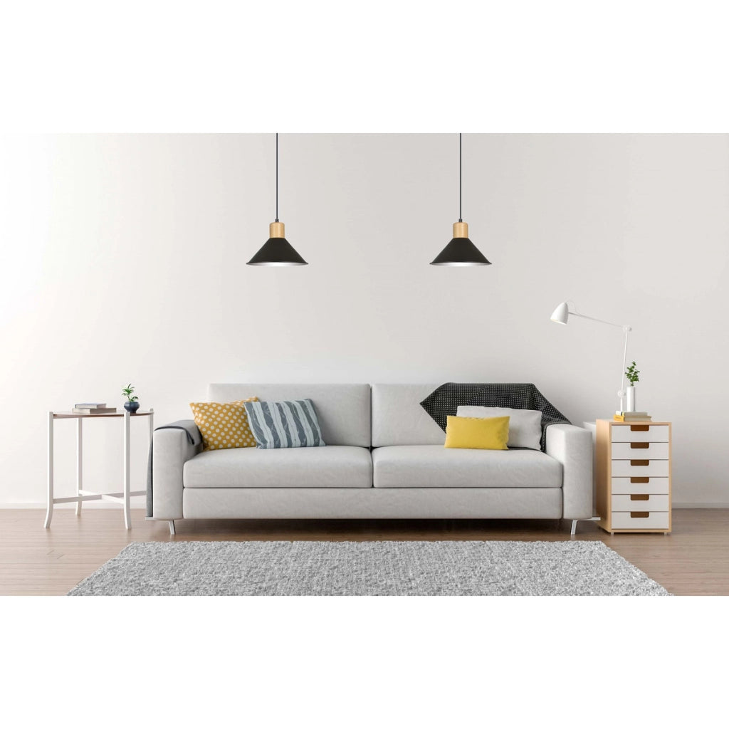 Lampada a sospensione ROWEN in acciaio nero e legno
