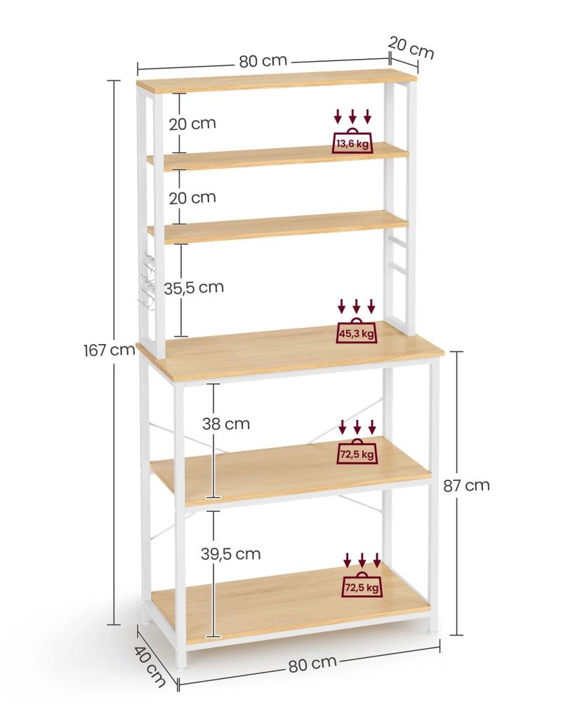 Scaffale da cucina con ripiani portaoggetti 6 ganci struttura in metallo per utensili forno a microonde stile industriale 80 x 40 x 167 cm bianco 12_0005646