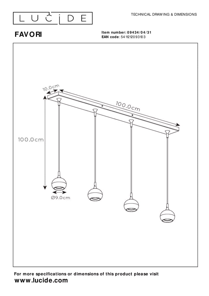 Lampada a sospensione barra FAVORI bianca 4xGU10 Lucide