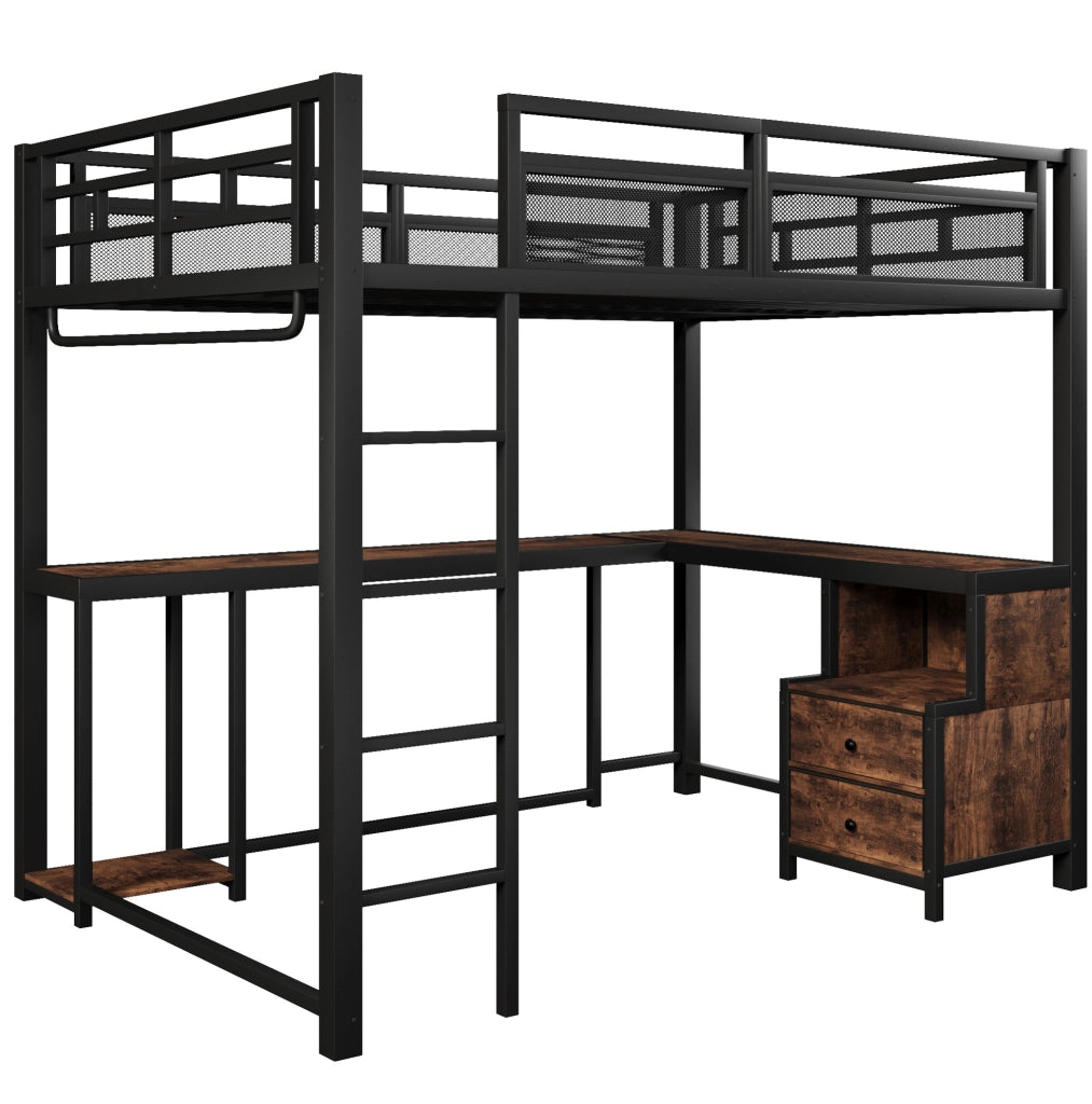 Letto a soppalco ULEVR 140x200 cm con scrivania, ripiani, barra appendiabiti, LED e USB, nero