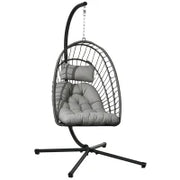 Poltrona Sospesa in Rattan PE con Cuscino, Seduta Pieghevole e Struttura in Acciaio, Grigio
