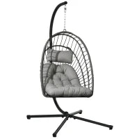 Poltrona Sospesa in Rattan PE con Cuscino, Seduta Pieghevole e Struttura in Acciaio, Grigio
