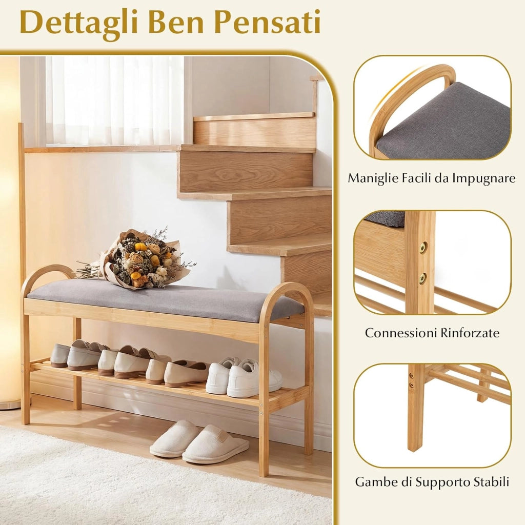 Scarpiera con Cuscino, Panca Porta Scarpe in Bambù per Ingresso con Ripiano, Panca Imbottita per Ingresso Corridoio Camera da Letto (Stile 1)