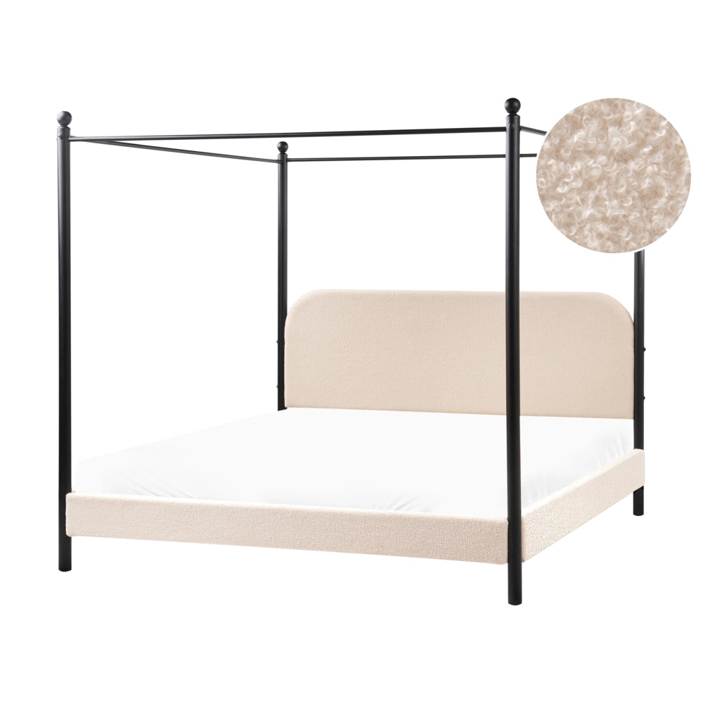 Letto a baldacchino in metallo nero con rivestimento in bouclé beige 180 x 200 cm EU Dimensioni doppie Retro Minimalista