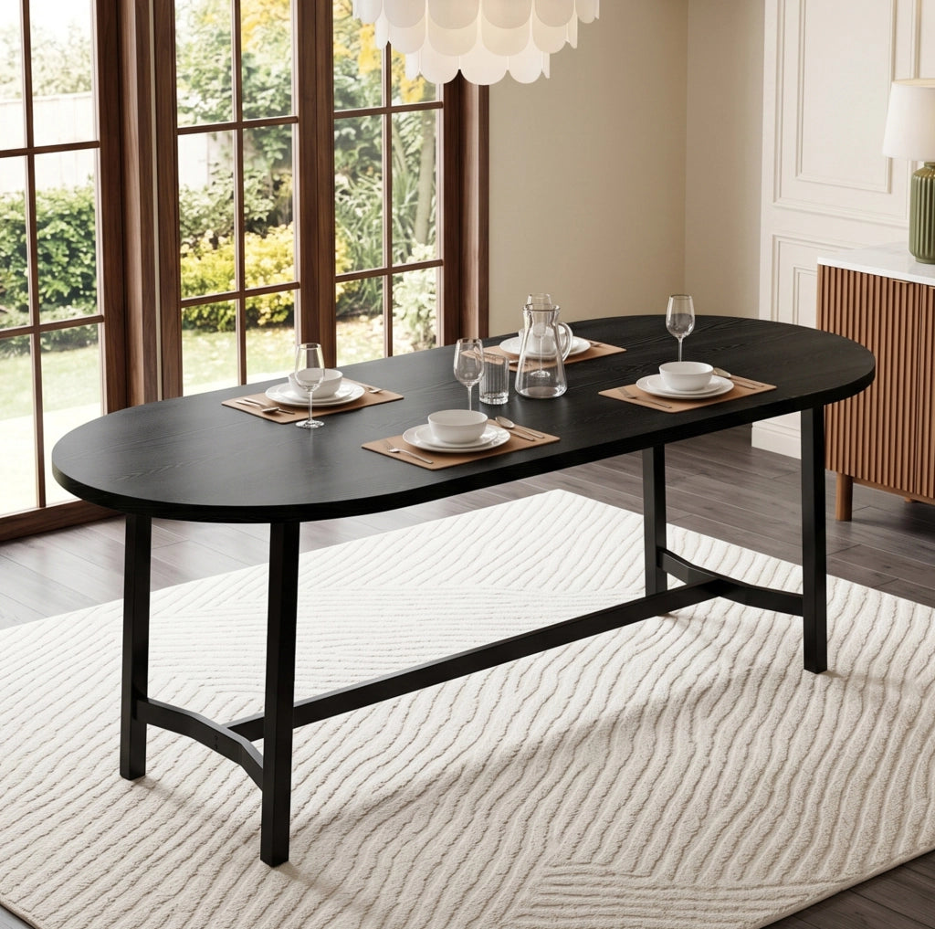 Tavolo da pranzo 180x80 cm con angoli arrotondati in MDF e ferro nero