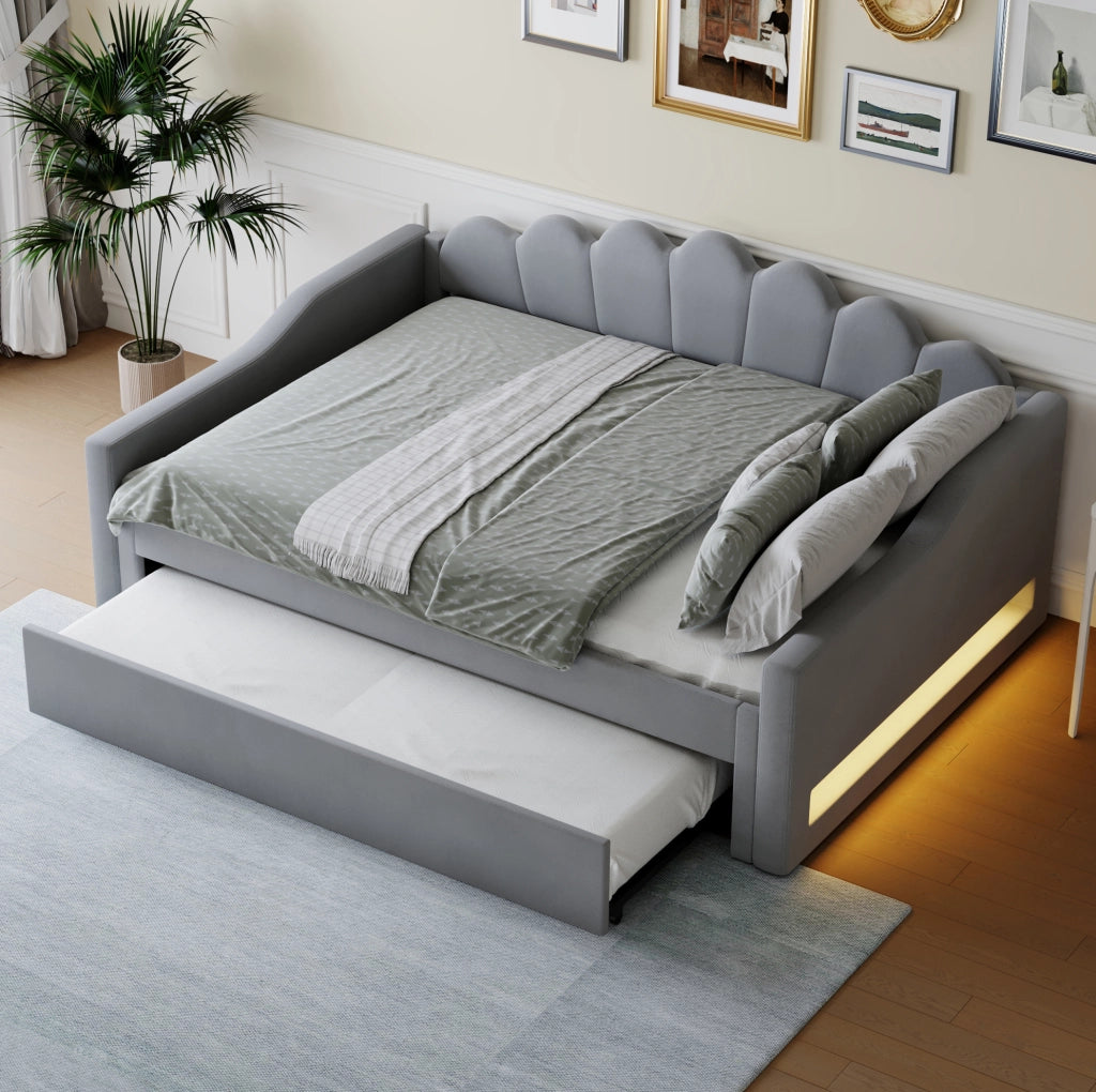 Letto daybed imbottito 140x200 cm con letto estraibile e LED; grigio