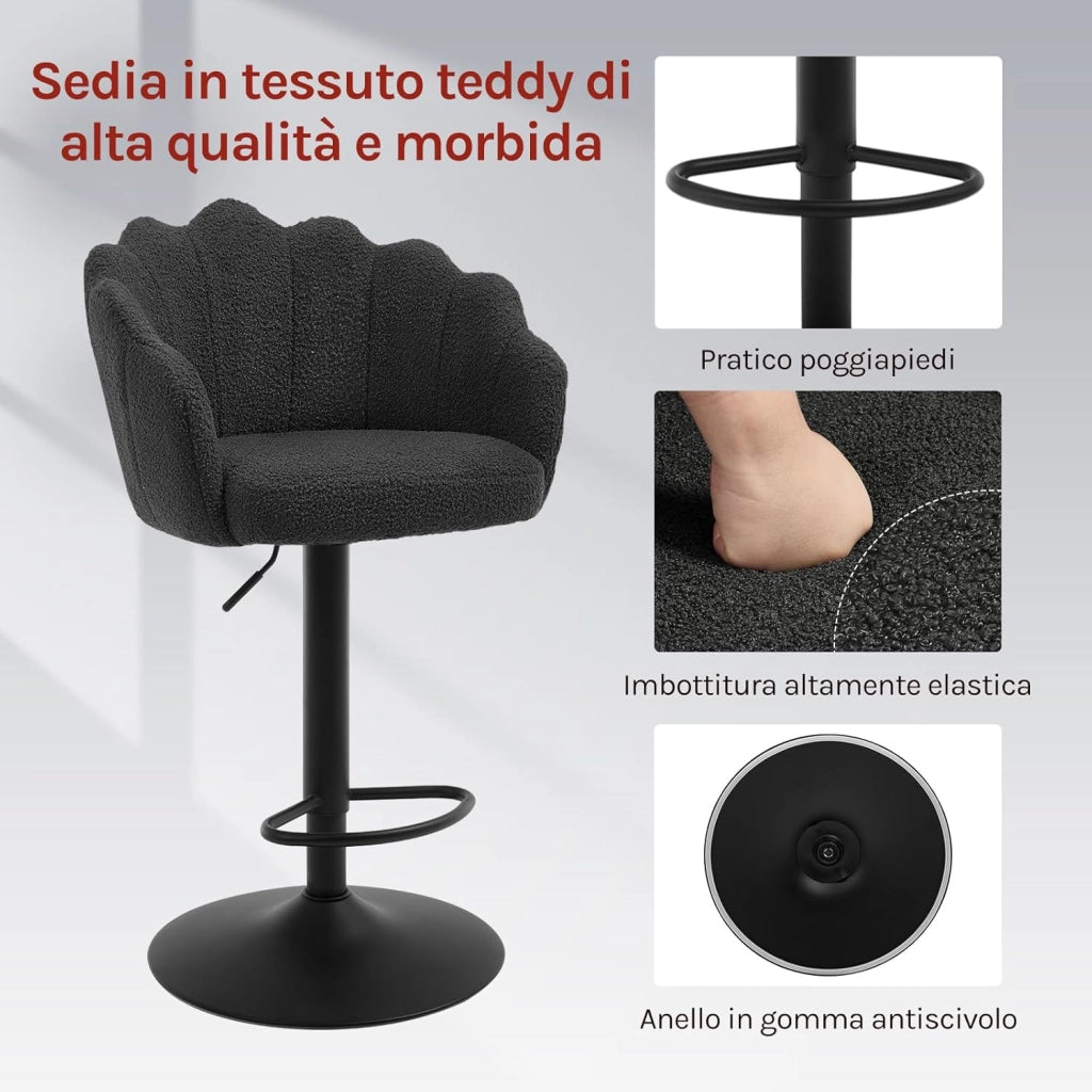Sgabelli Cucina Set di 2, Regolabile e Girevole a 360°, Seduta in Tessuto Teddy, con Schienale e Poggiapiedi, per Cucina, Sala da Pranzo, Bar, Nero